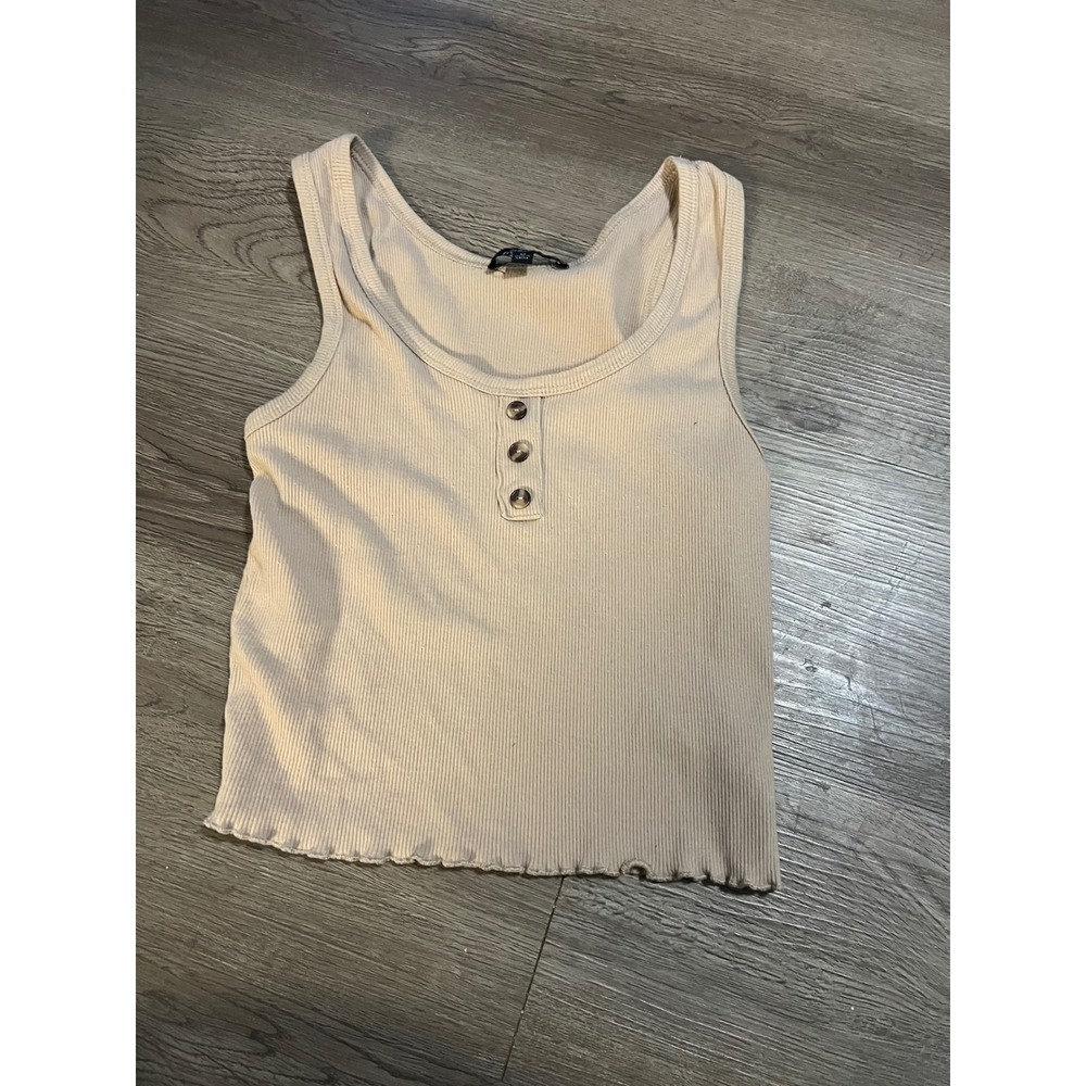 Ambiance Women Cream Beige Ribbed Henley Tank Top Lettuce Edge Hem Size M